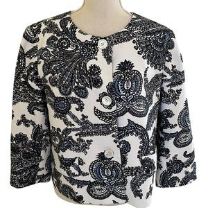 Talbots White Jacket with Black and Blue Paisley Print